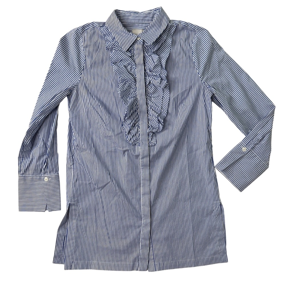 Chicos Striped Ruffle Button Down Blouse Womens Size 0 S 4 6 Cotton Blend Preppy